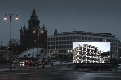 Modern Times Forever (Stora Enso Building, Helsinki) installed for IHME Festival, Helsinki, 2011. Photo: Veikko Somerpuro